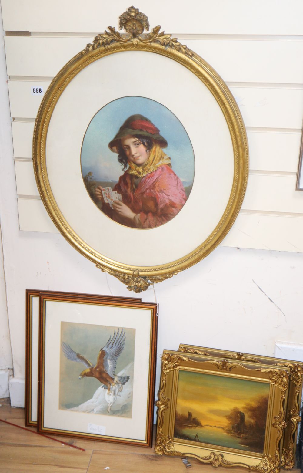 G.J.C. Kirby, two bird studies, a pair of modern oil on board landscapes and a chromolithograph portrait in gilt oval frame, 33 x 28cm